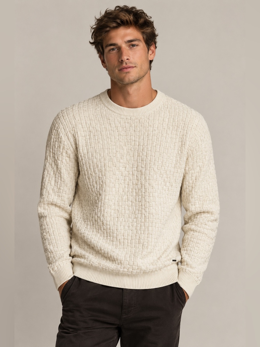 HUGO Boss Mens XL Stubon 3D Basketweave Textured Knit Sweater Off White Cream